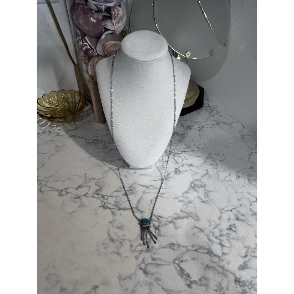 Silver Toned Long Pendent Necklace W/ Turquoise Colored Stone